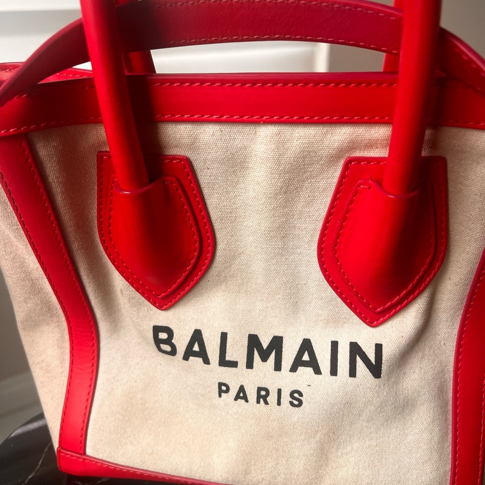 Balmain Paris Cream Canvas Tote with Red Trim